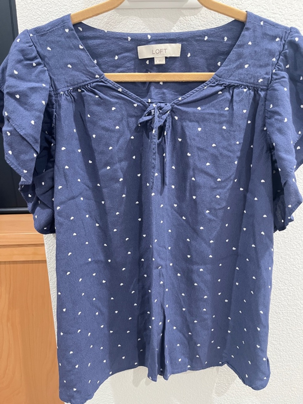 LOFT Blue Tie-Neck Blouse with White Heart Print XL